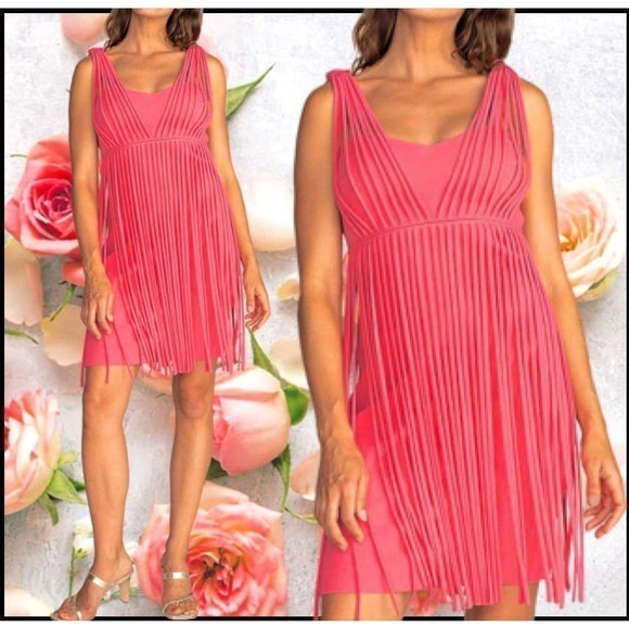 Trina Turk Venetia Dress Fringe Overlay Watermelon Pink Size 2 - Picture 7 of 8